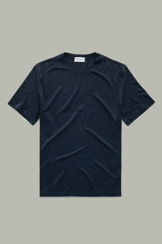 Short Sleeve Linen Crew Neck Tee-Shirt Navy