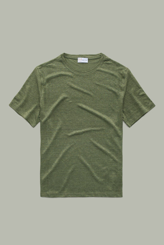 Short Sleeve Linen Crew Neck Tee-Shirt Olive