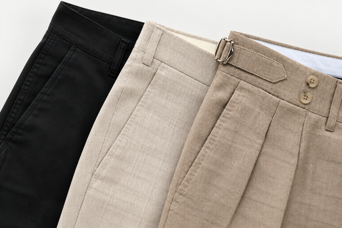 Flat front, single pleat and double pleat. Our cargo pants, the Lorenzo and the Roberto.