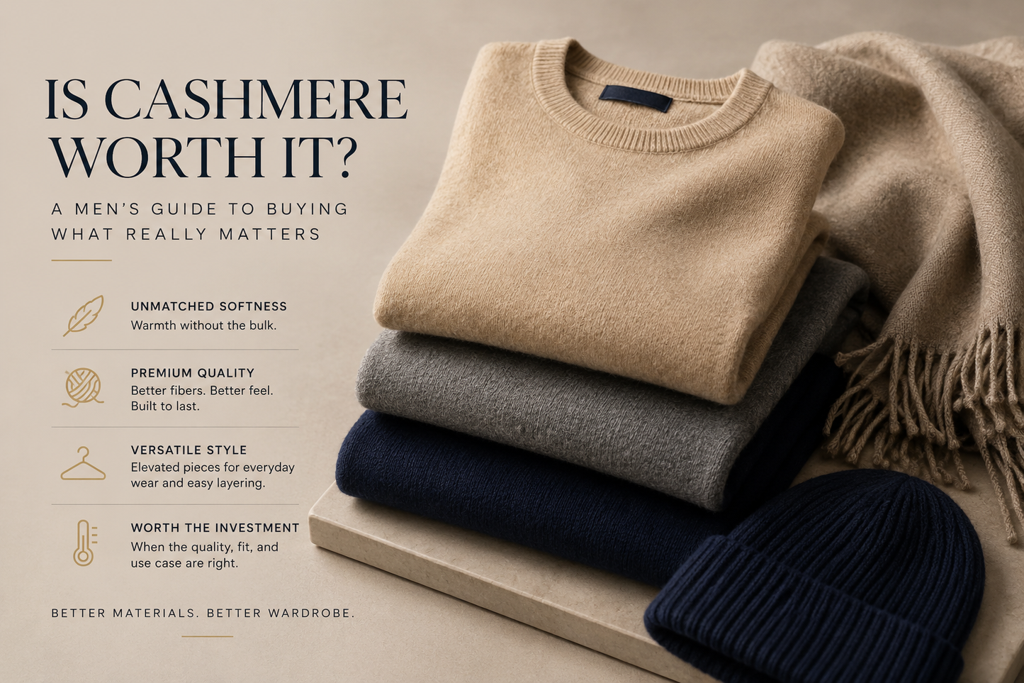 Luxury cashmere sweaters, scarf, and beanie arranged beside text reading “Is Cashmere Worth It?” for a men’s cashmere buying guide.