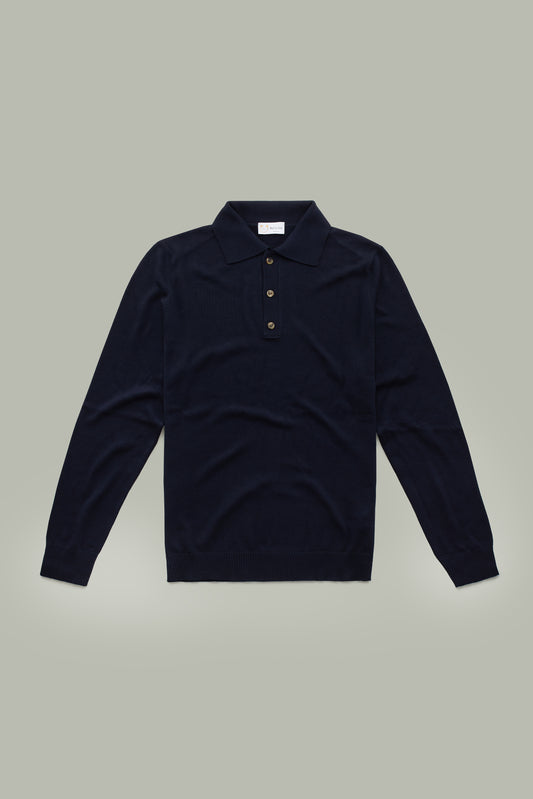 Long Sleeve Bamboo Cotton Cashmere Blend Knitted Polo Navy