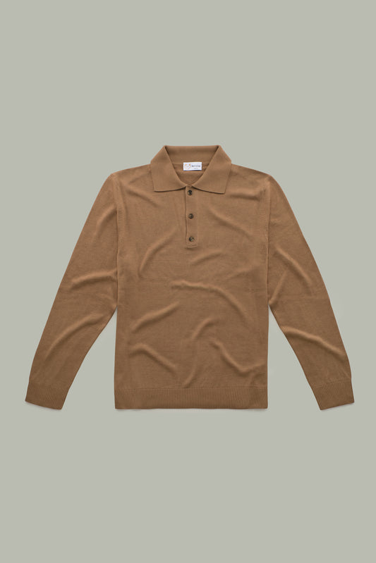 Long Sleeve Bamboo Cashmere Blend Knitted Polo Camel