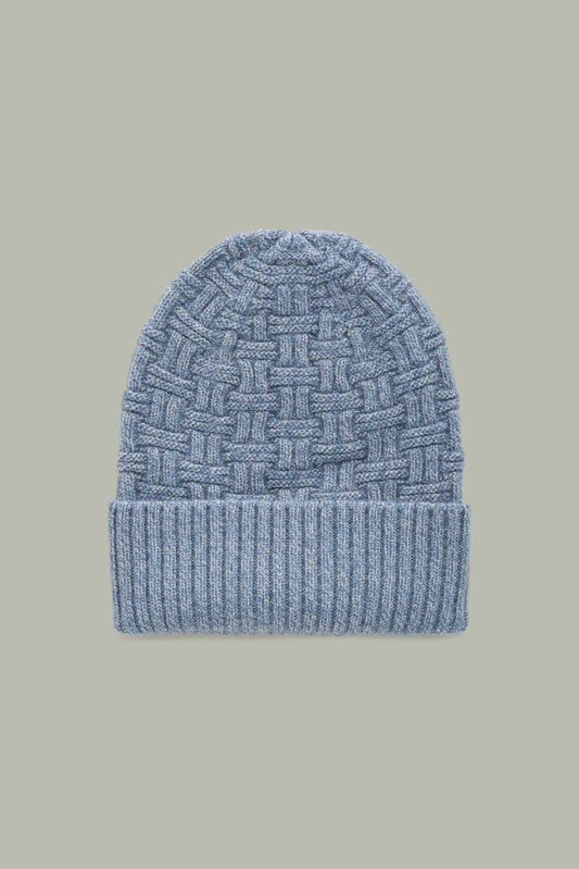 Basketweave Wool Cashmere Blue Marled Beanie