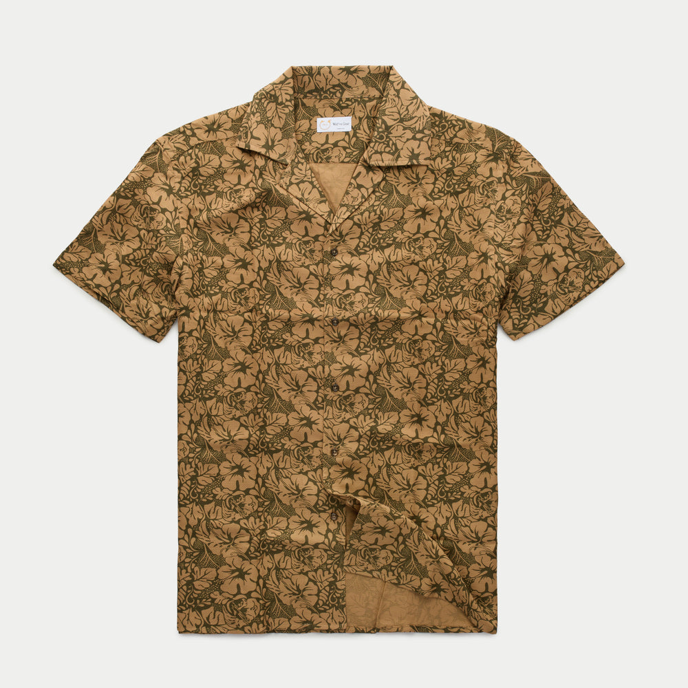 Cotton Wool Bowling Shirt Tan Hibiscus