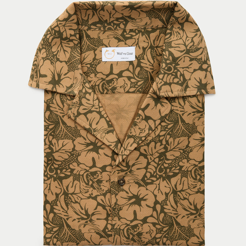 Cotton Wool Bowling Shirt Tan Hibiscus