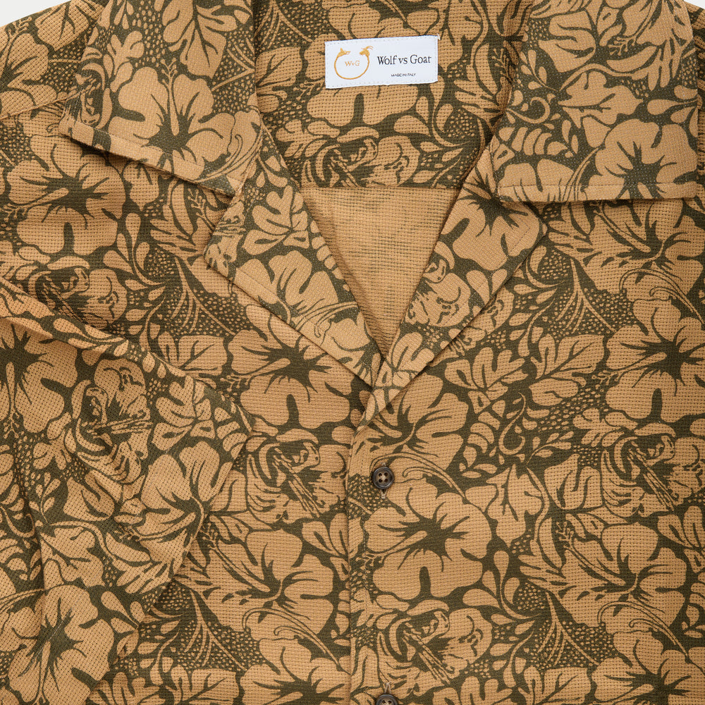 
                  
                    Cotton Wool Bowling Shirt Tan Hibiscus
                  
                