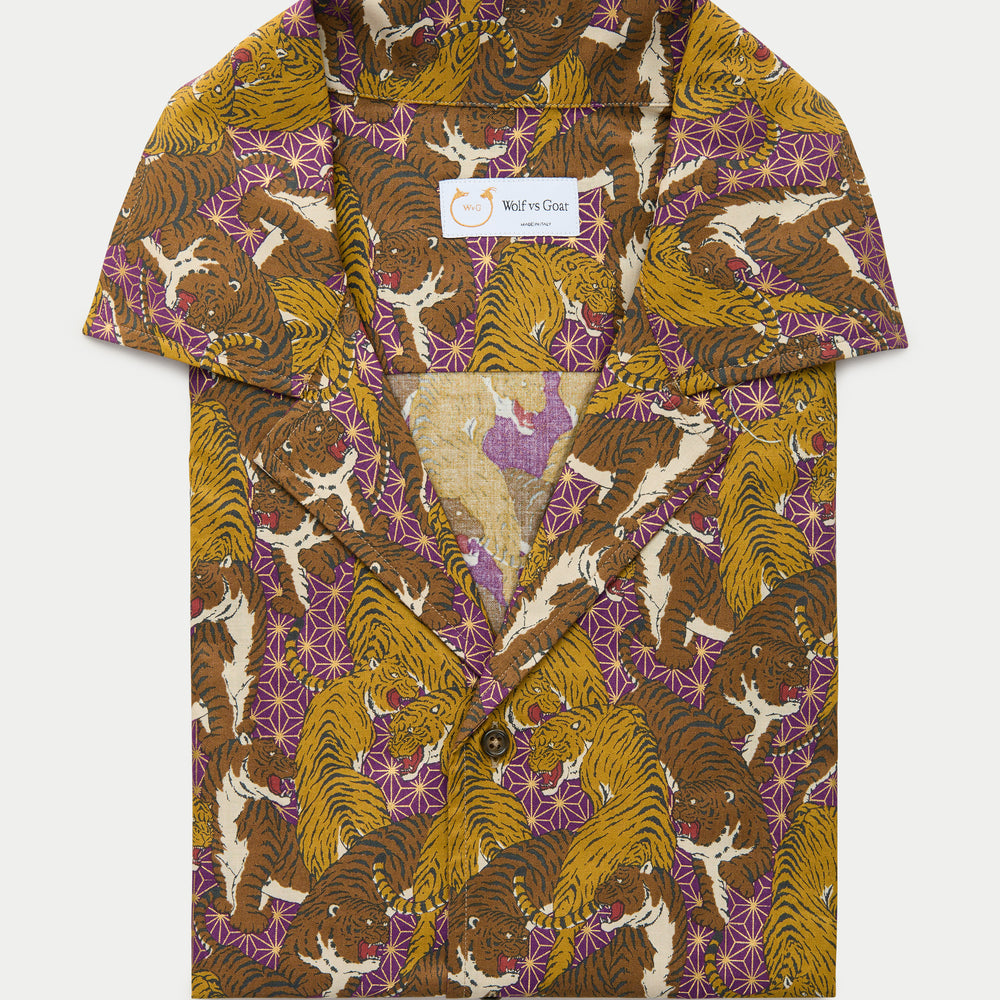 Cotton Bowling Shirt Purple with Tigers