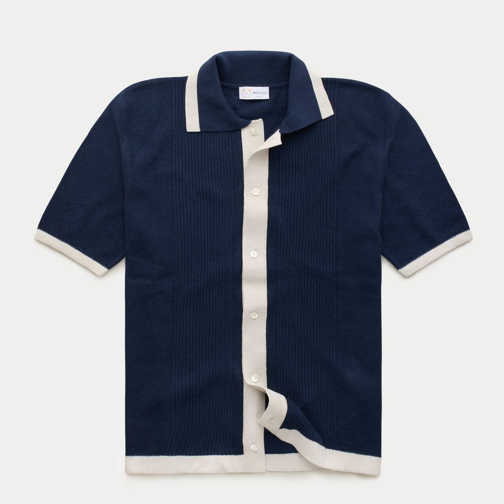 Short Sleeve Knitted Cotton Shirt Navy and Ecru