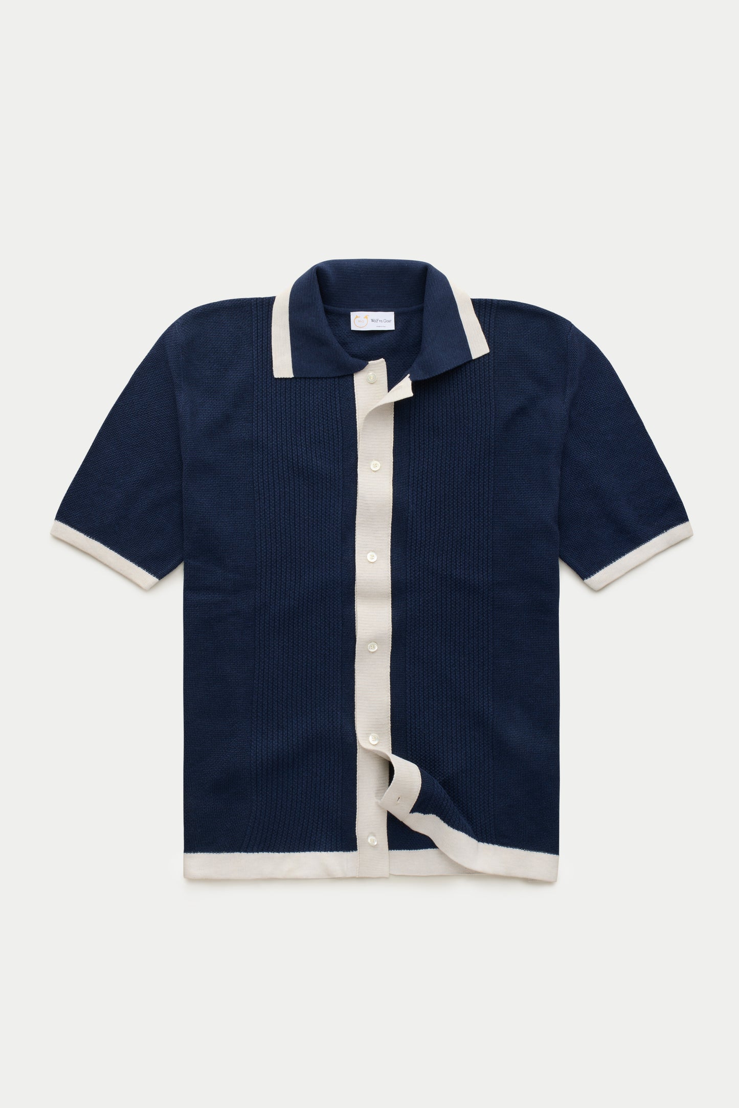 Short Sleeve Knitted Cotton Shirt Navy and Ecru