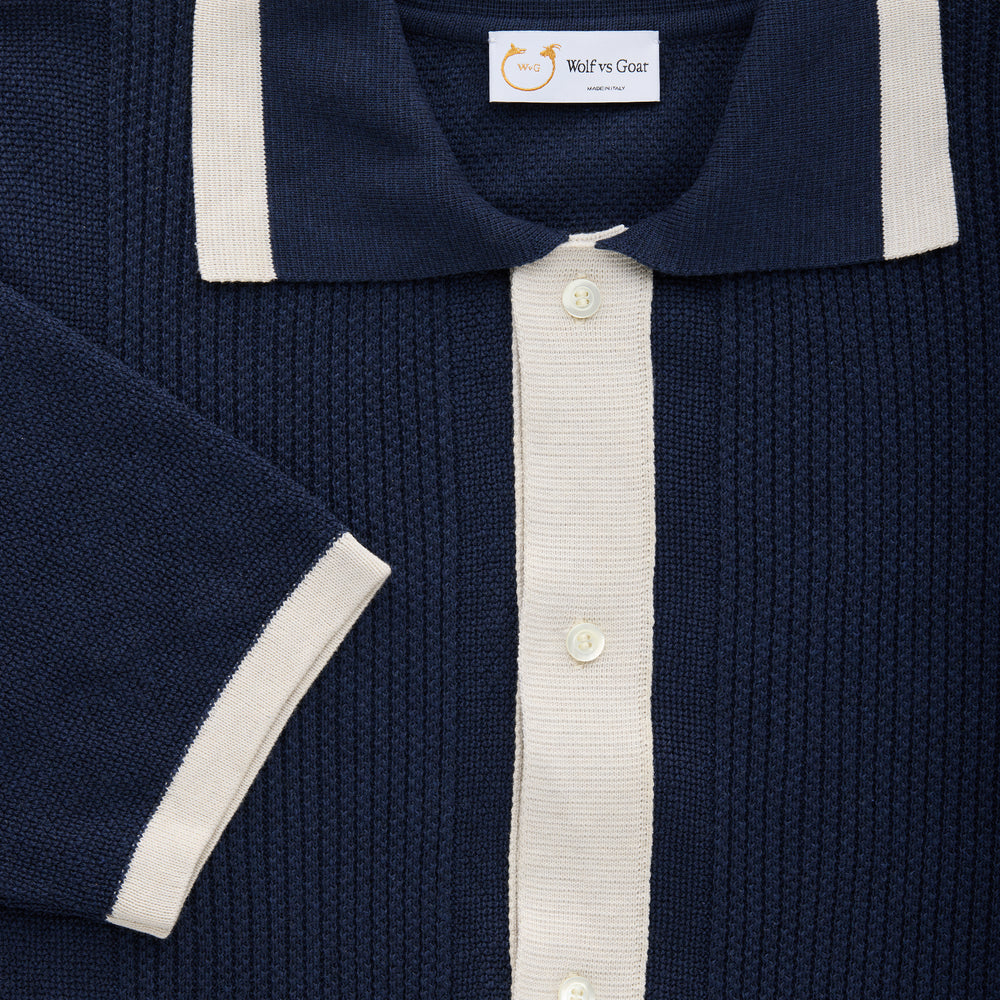 Short Sleeve Knitted Cotton Shirt Navy and Ecru