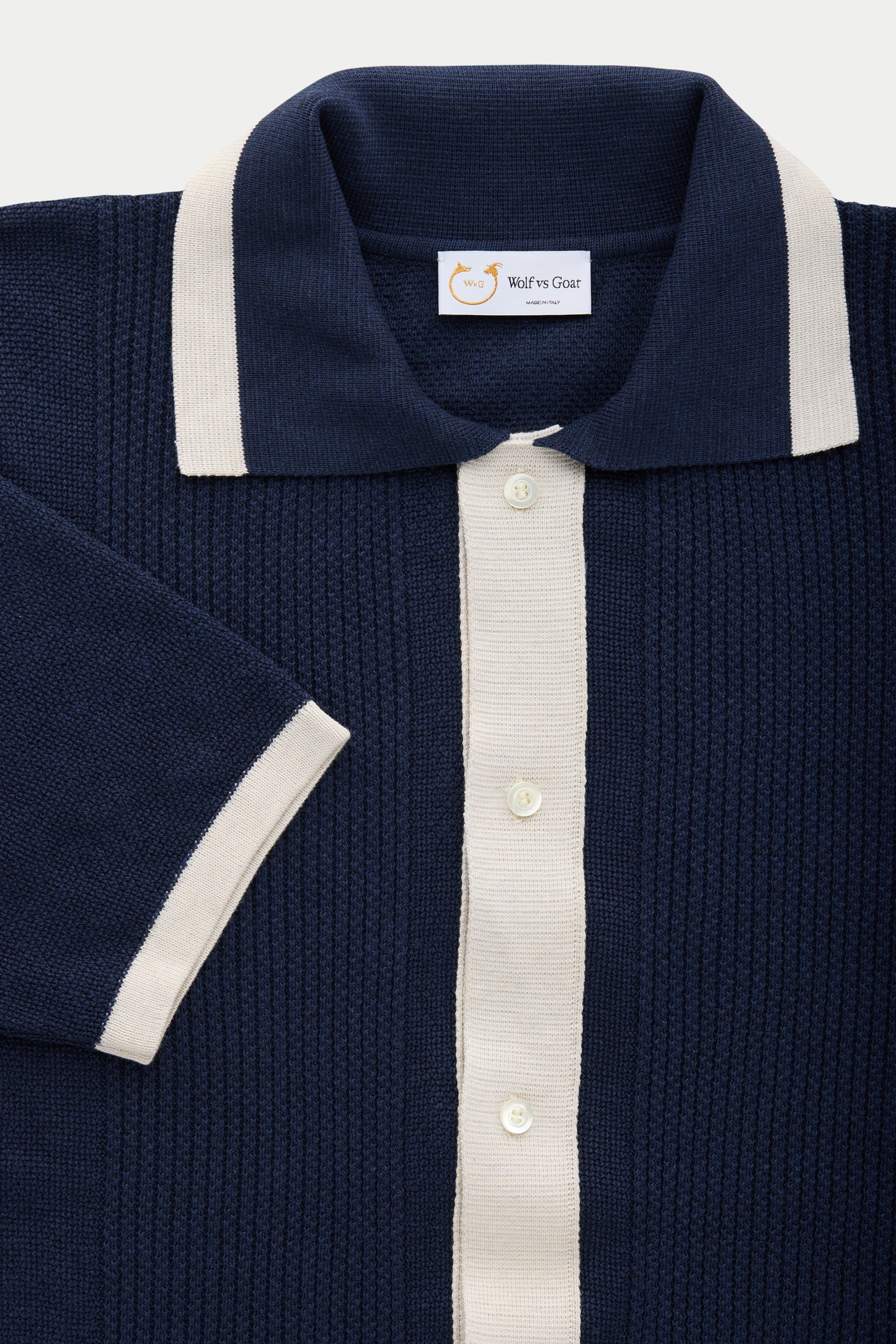 Short Sleeve Knitted Cotton Shirt Navy and Ecru