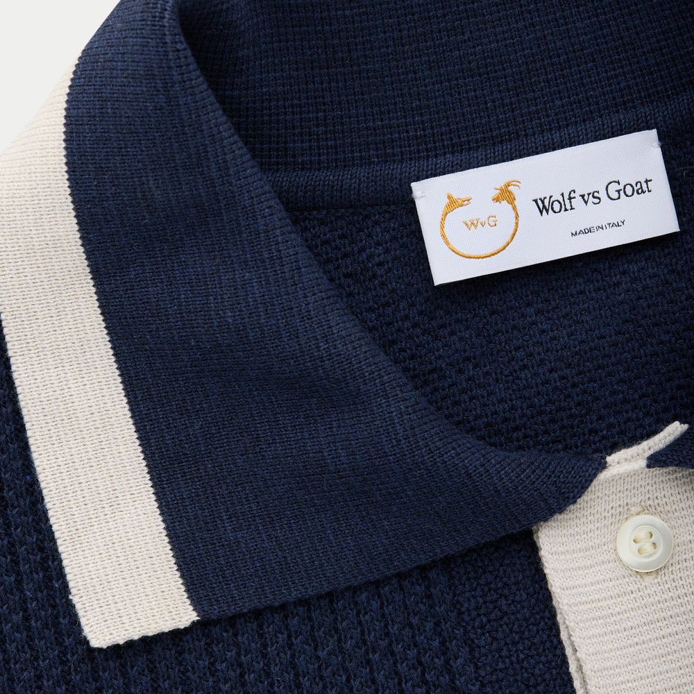 
                  
                    Short Sleeve Knitted Cotton Shirt Navy and Ecru
                  
                