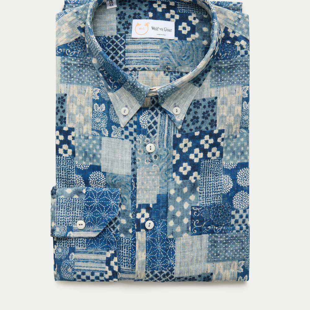 Regular Long Sleeve Button Down Cotton Shirt Blue Patchwork