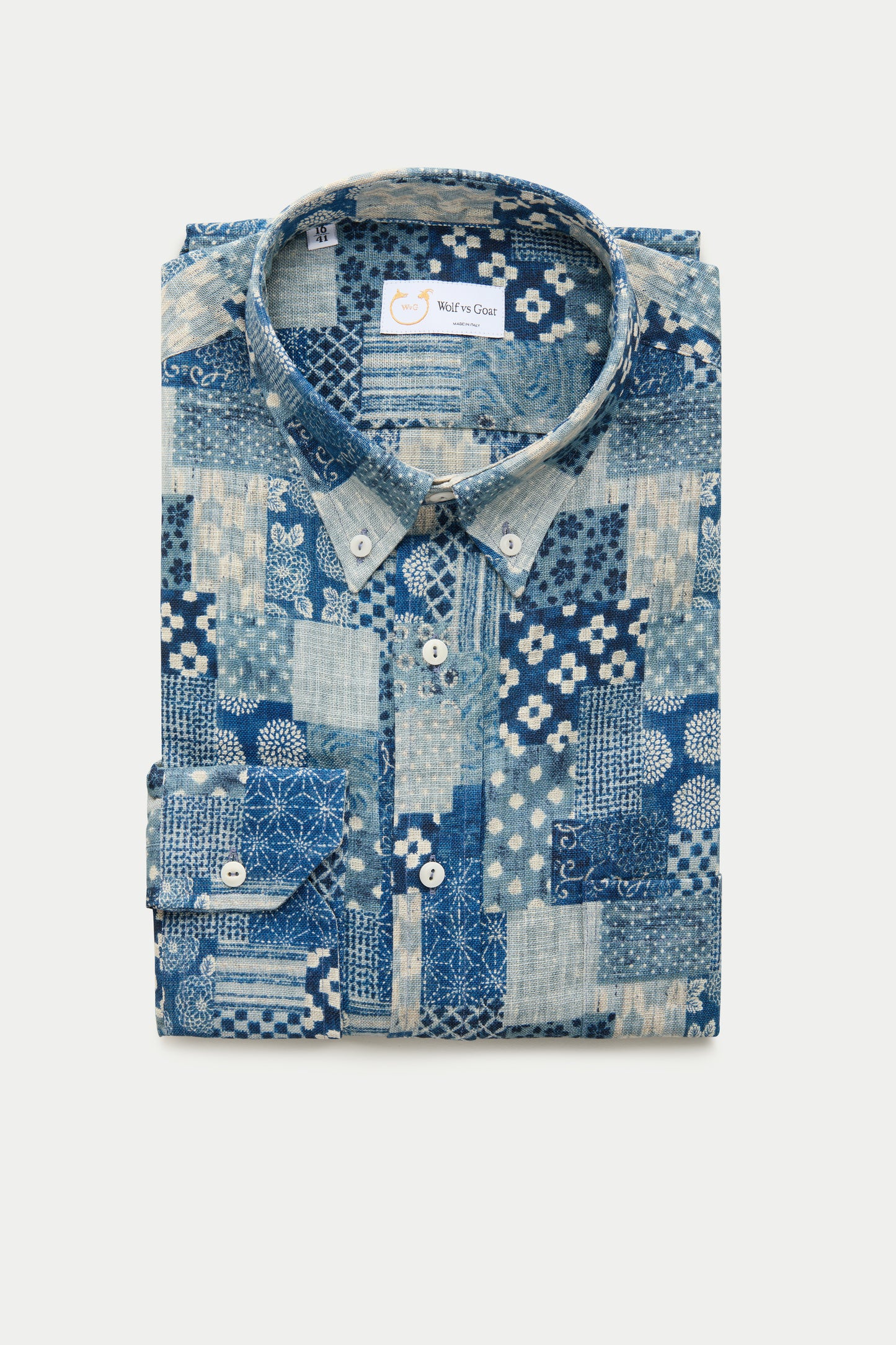 Regular Long Sleeve Button Down Cotton Shirt Blue Patchwork