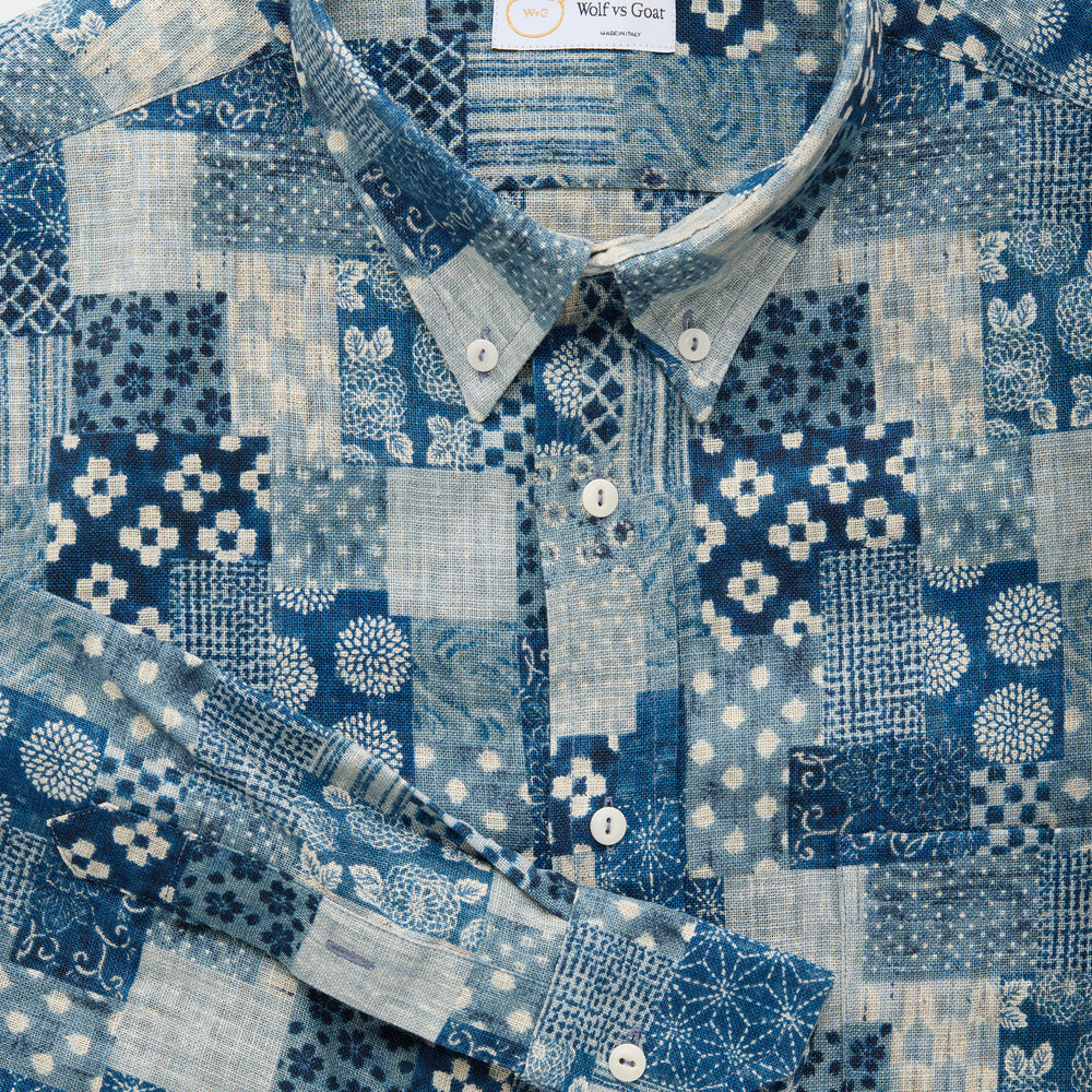 
                  
                    Regular Long Sleeve Button Down Cotton Shirt Blue Patchwork
                  
                