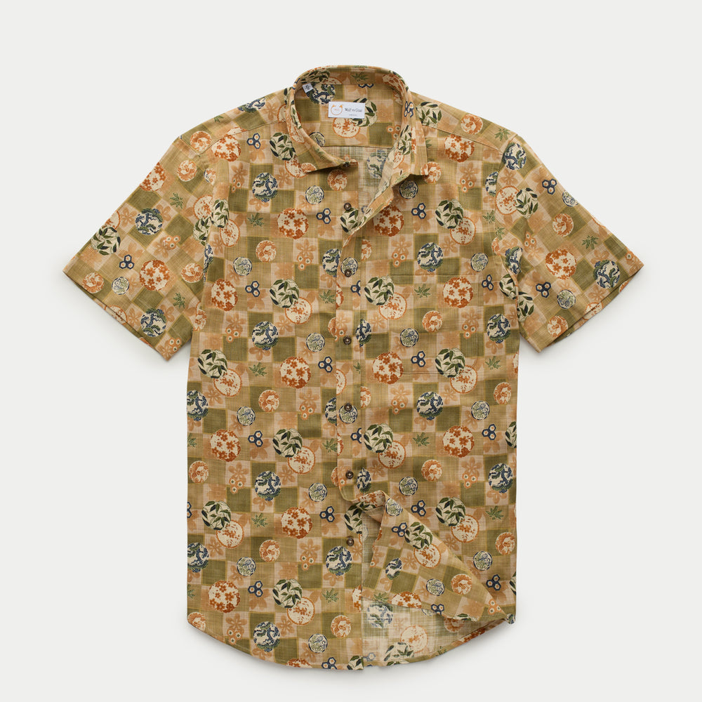 Regular Short Sleeve Cotton Shirt Green Patchwork