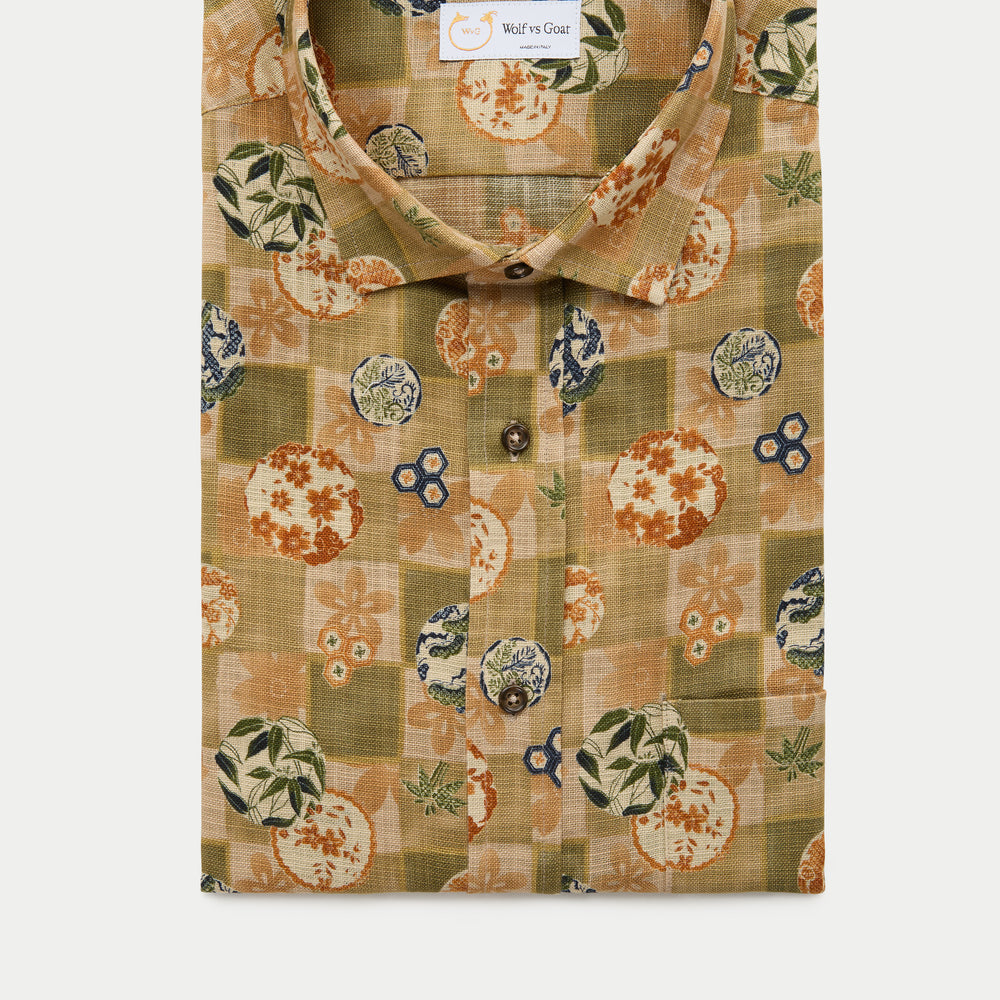 Regular Short Sleeve Cotton Shirt Green Patchwork