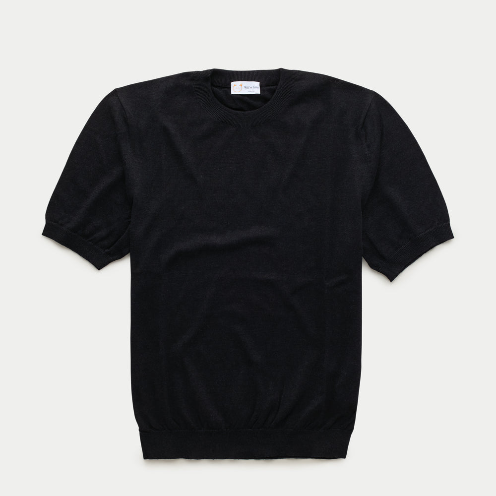 Short Sleeve Linen Cotton Knitted Crewneck Black