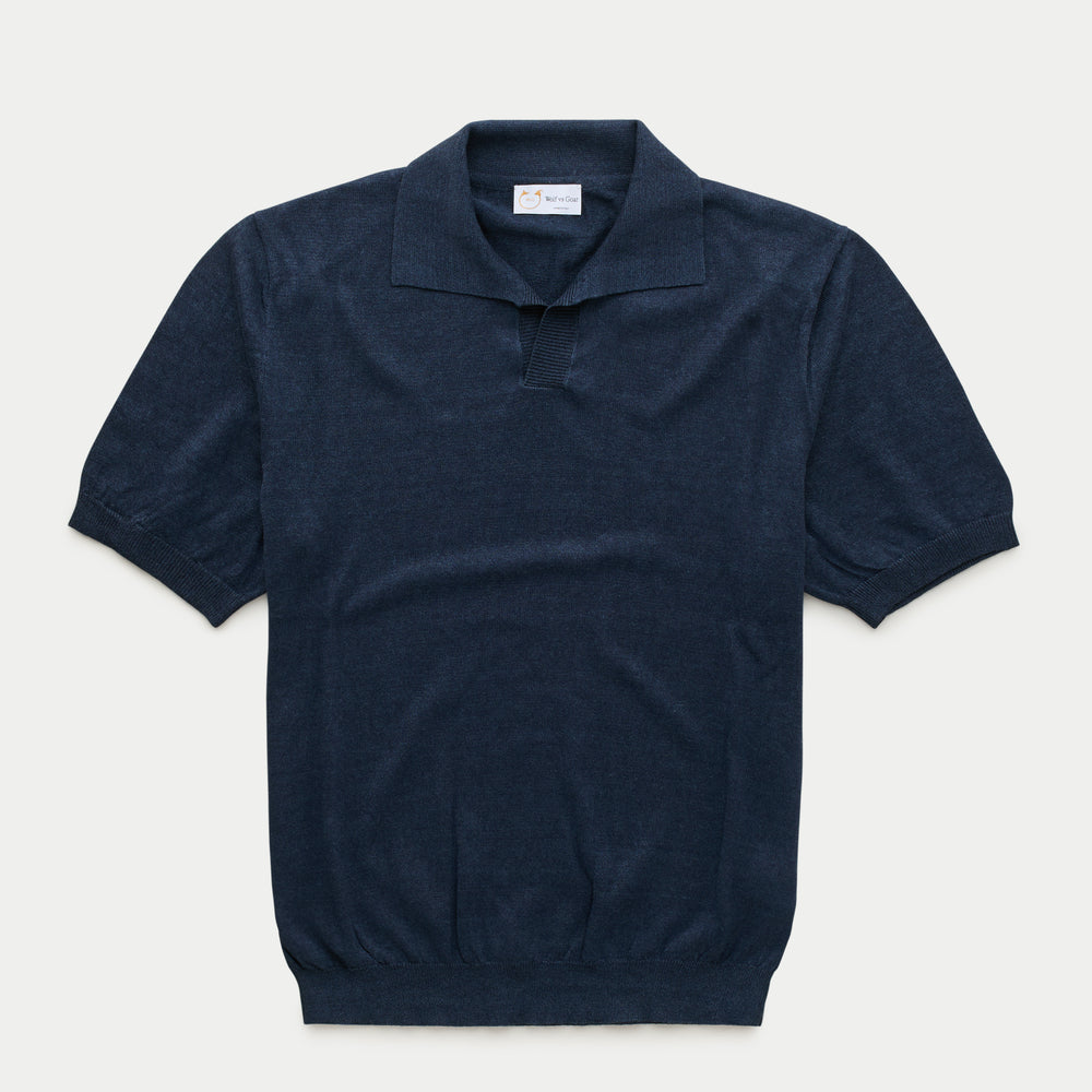 Short Sleeve Linen Cotton Knitted Johnny Collar Polo Navy