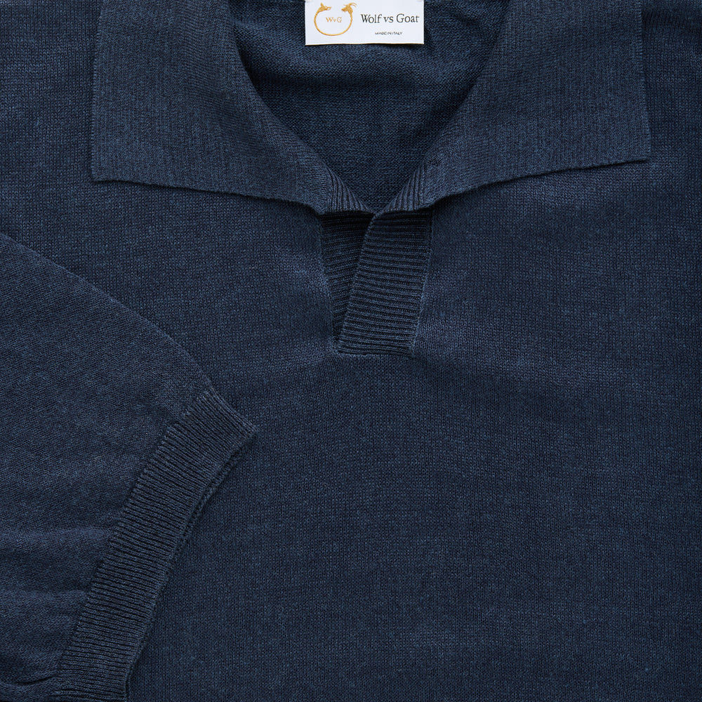 Short Sleeve Linen Cotton Knitted Johnny Collar Polo Navy