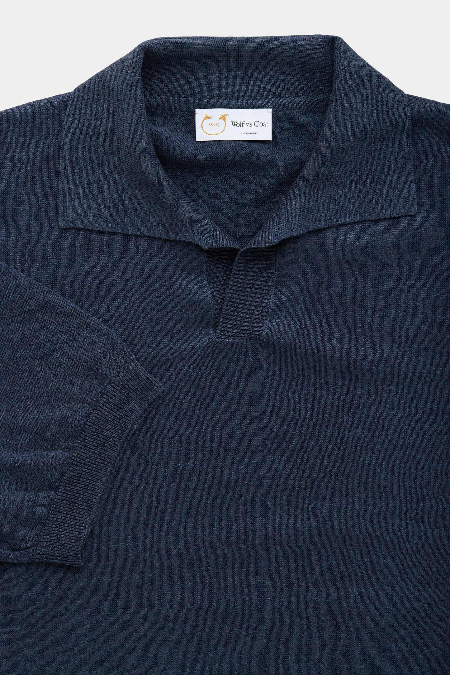Short Sleeve Linen Cotton Knitted Johnny Collar Polo Navy