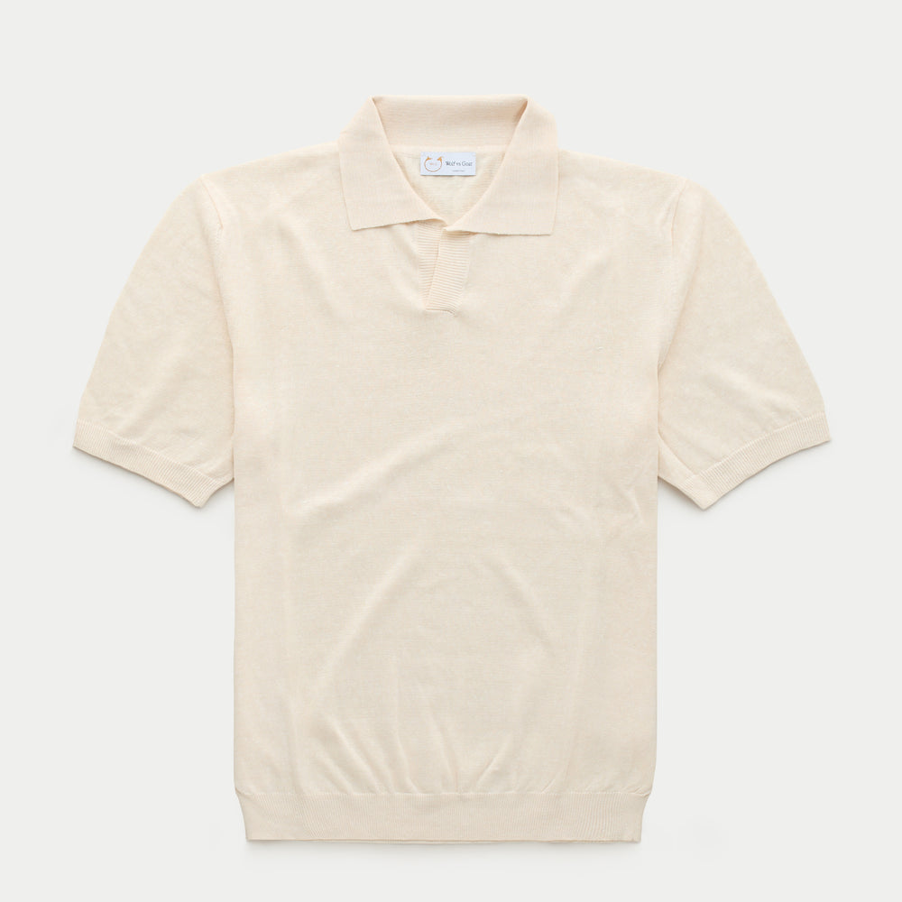 Short Sleeve Linen Cotton Knitted Johnny Collar Polo Panna