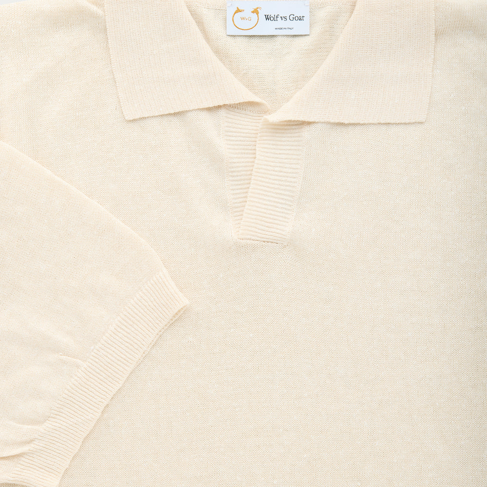 Short Sleeve Linen Cotton Knitted Johnny Collar Polo Panna