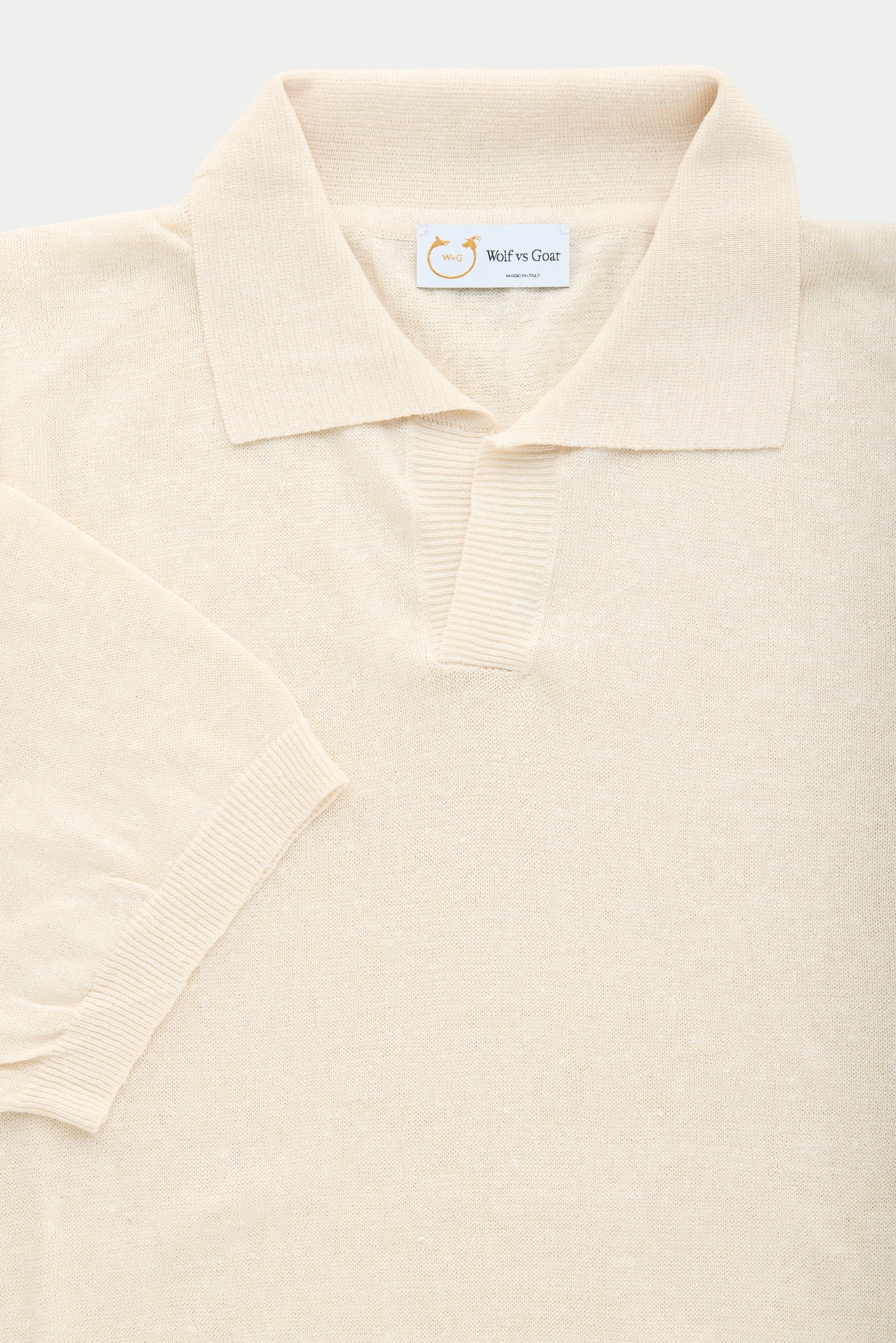 Short Sleeve Linen Cotton Knitted Johnny Collar Polo Panna