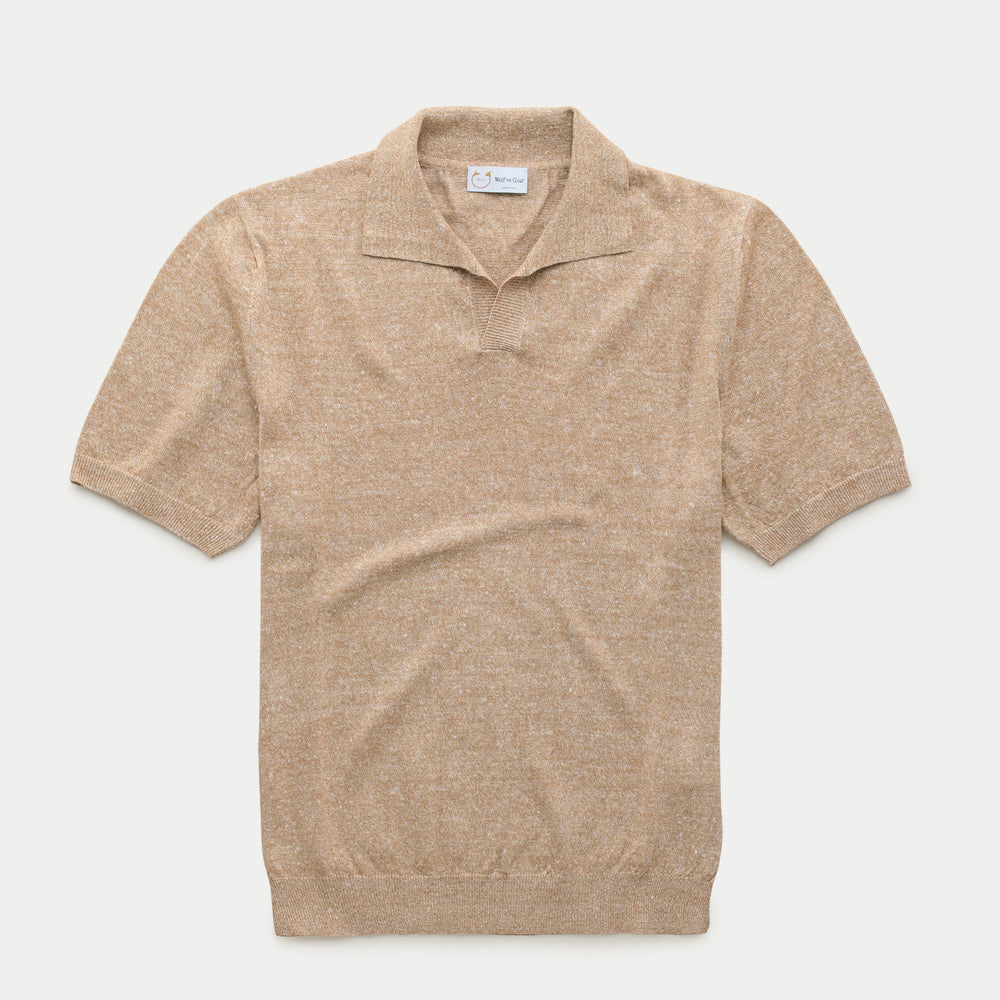 Short Sleeve Linen Cotton Knitted Johnny Collar Polo Wheat