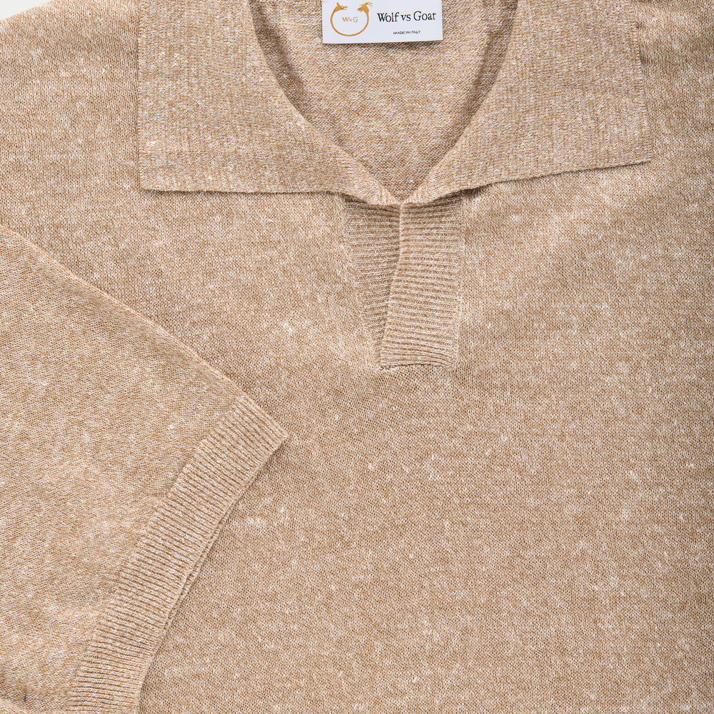 Short Sleeve Linen Cotton Knitted Johnny Collar Polo Wheat