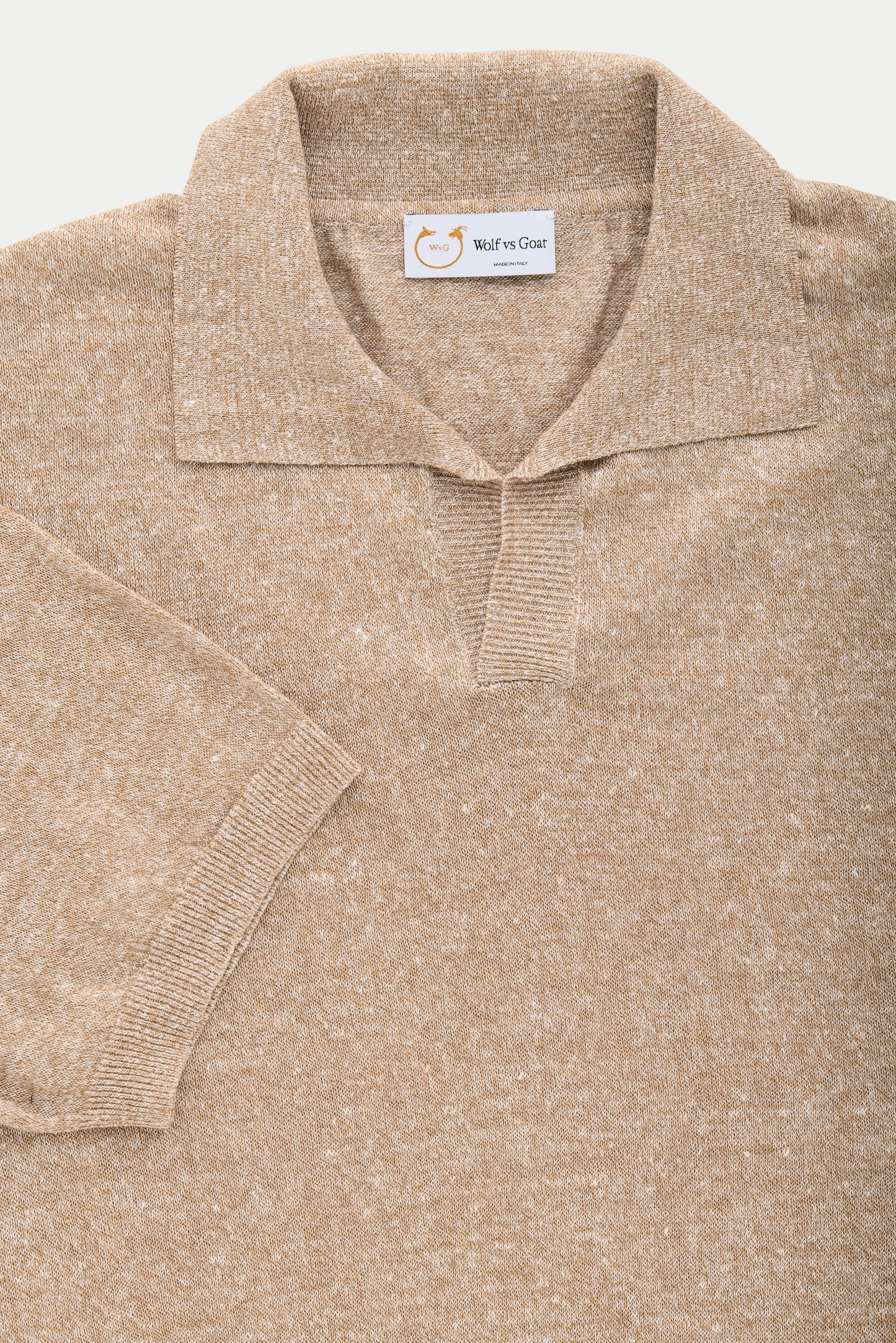 Short Sleeve Linen Cotton Knitted Johnny Collar Polo Wheat