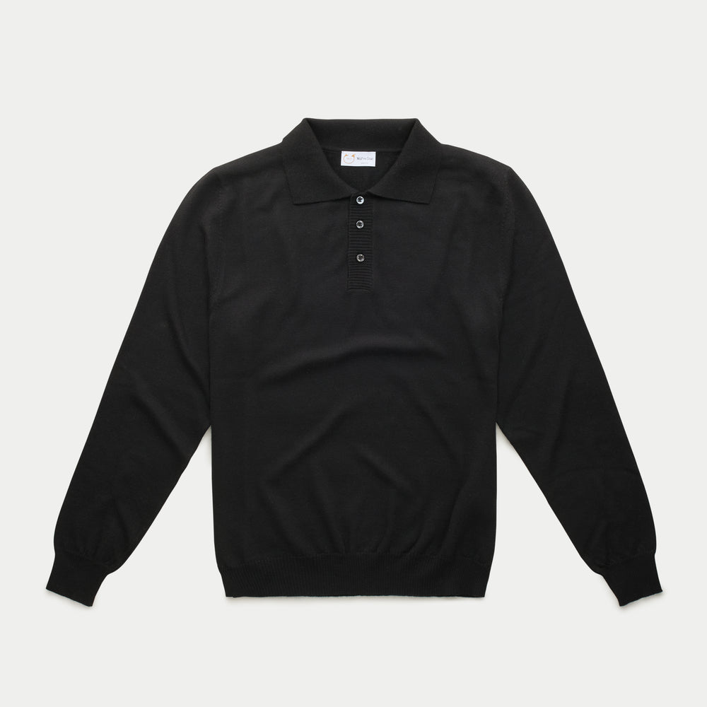 Wool Knitted Long Sleeve Polo Black