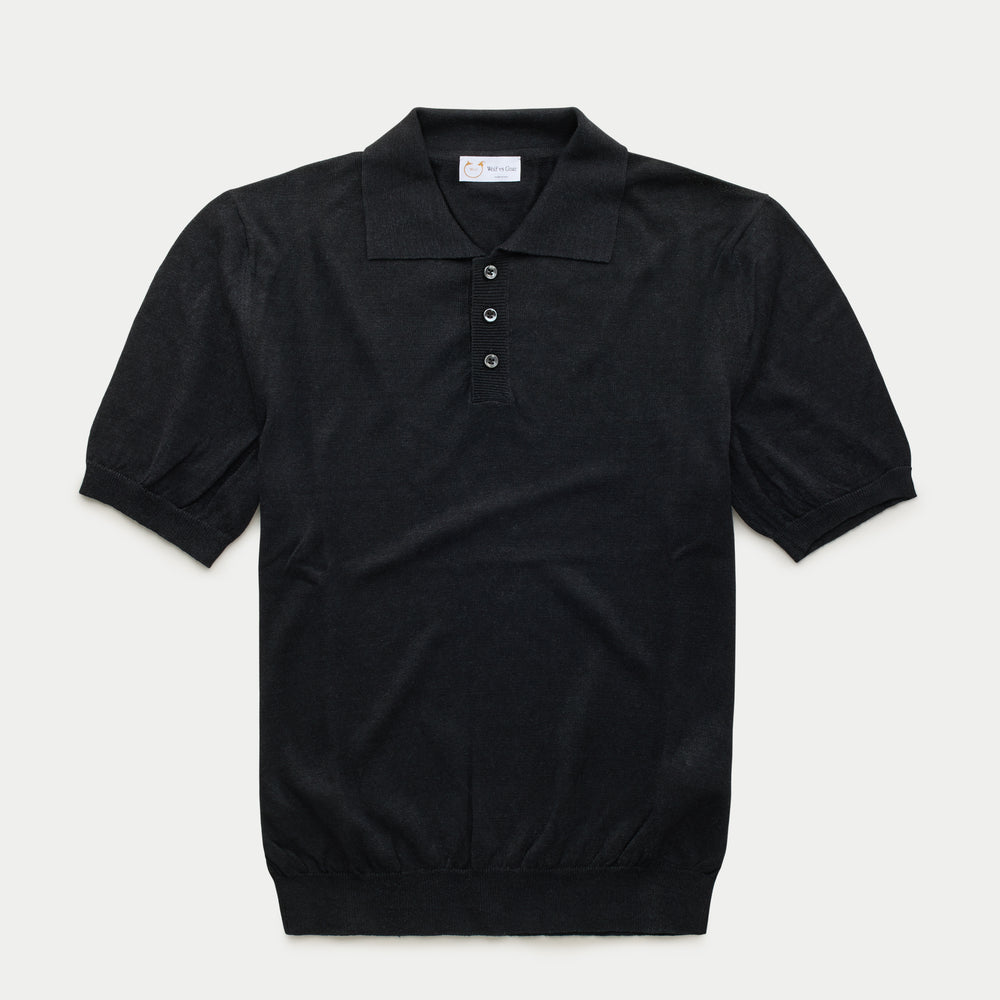 Short Sleeve Knitted Linen Cotton Polo Black