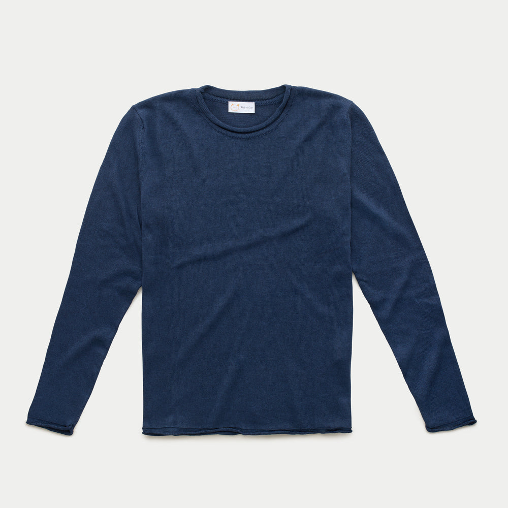 Long Sleeve Knitted Linen Cotton Roll Neck Navy