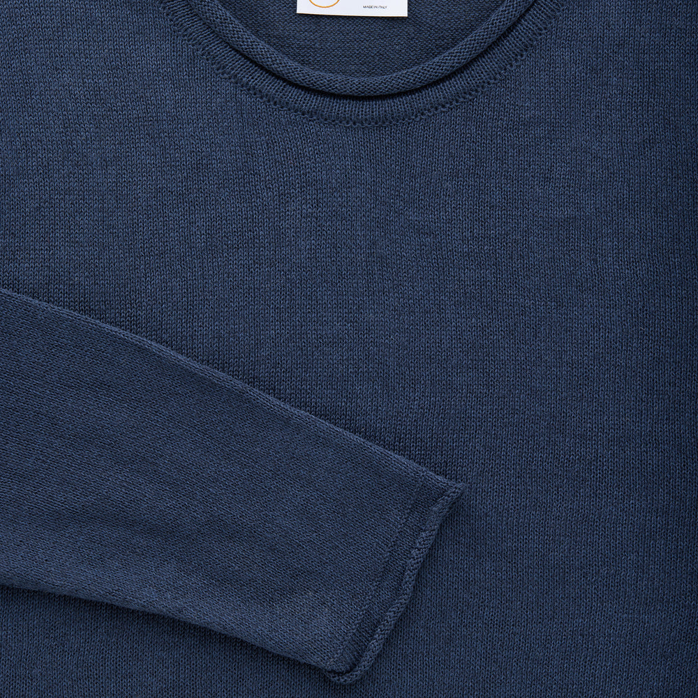 Long Sleeve Knitted Linen Cotton Roll Neck Navy
