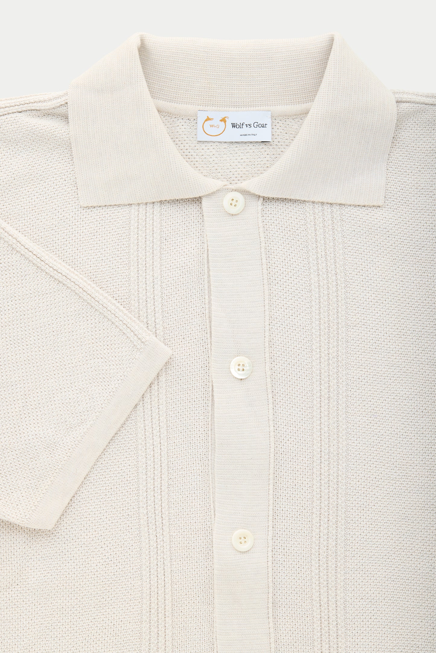 Short Sleeve Cotton Knitted Shirt with Rib Details Ecru