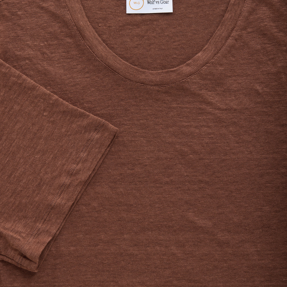 Short Sleeve Linen Crew Neck Tee Marrone