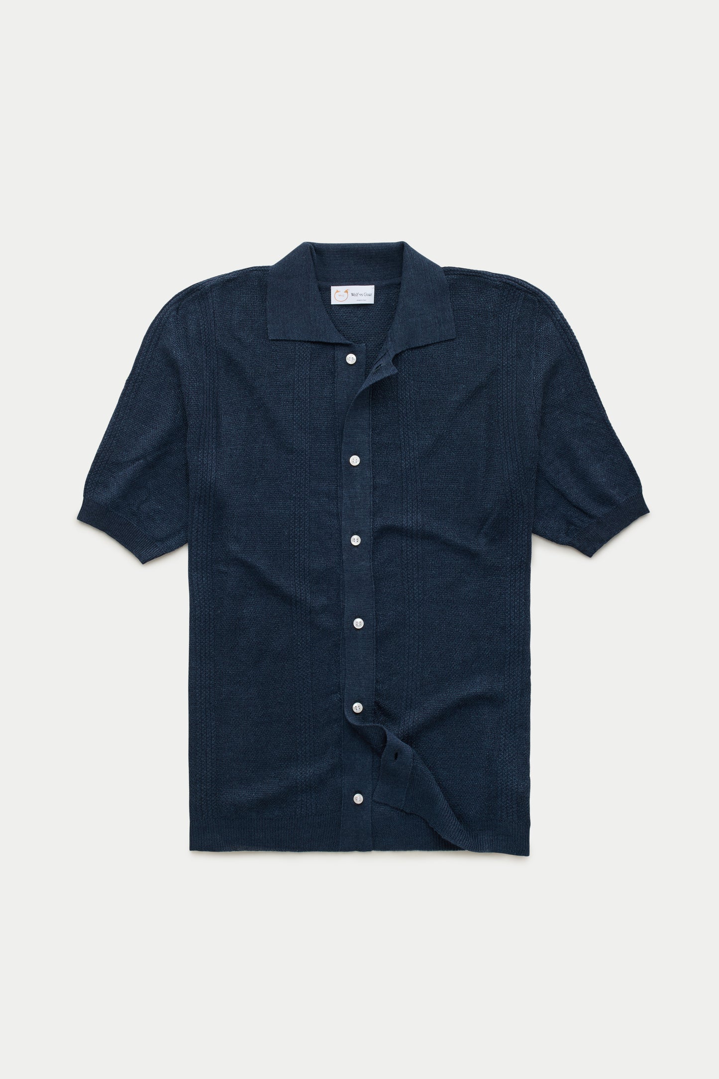 Short Sleeve Linen Cotton Knitted Shirt with Rib Details Navy