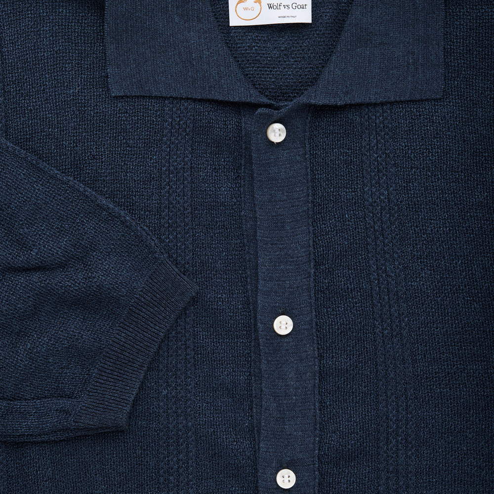 Short Sleeve Linen Cotton Knitted Shirt with Rib Details Navy