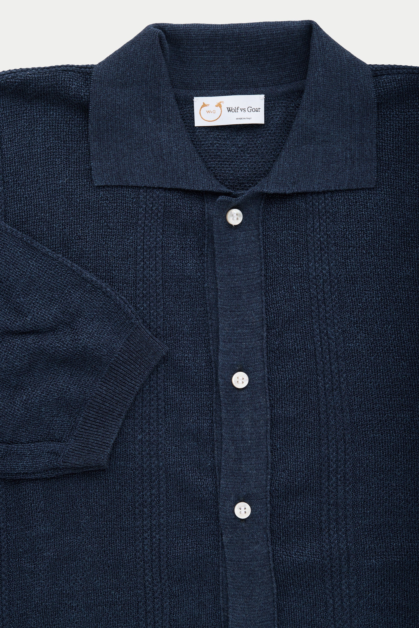 Short Sleeve Linen Cotton Knitted Shirt with Rib Details Navy