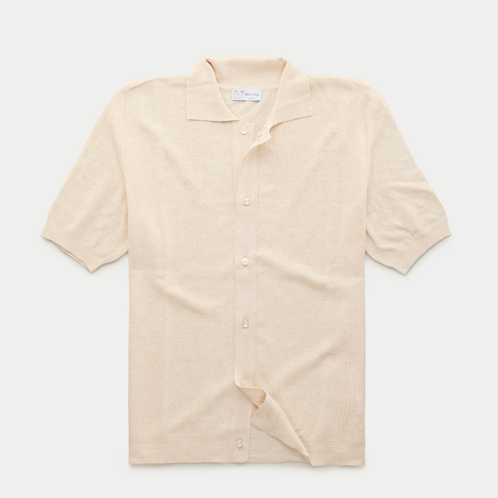 Short Sleeve Linen Cotton Knitted Shirt with Rib Details Panna