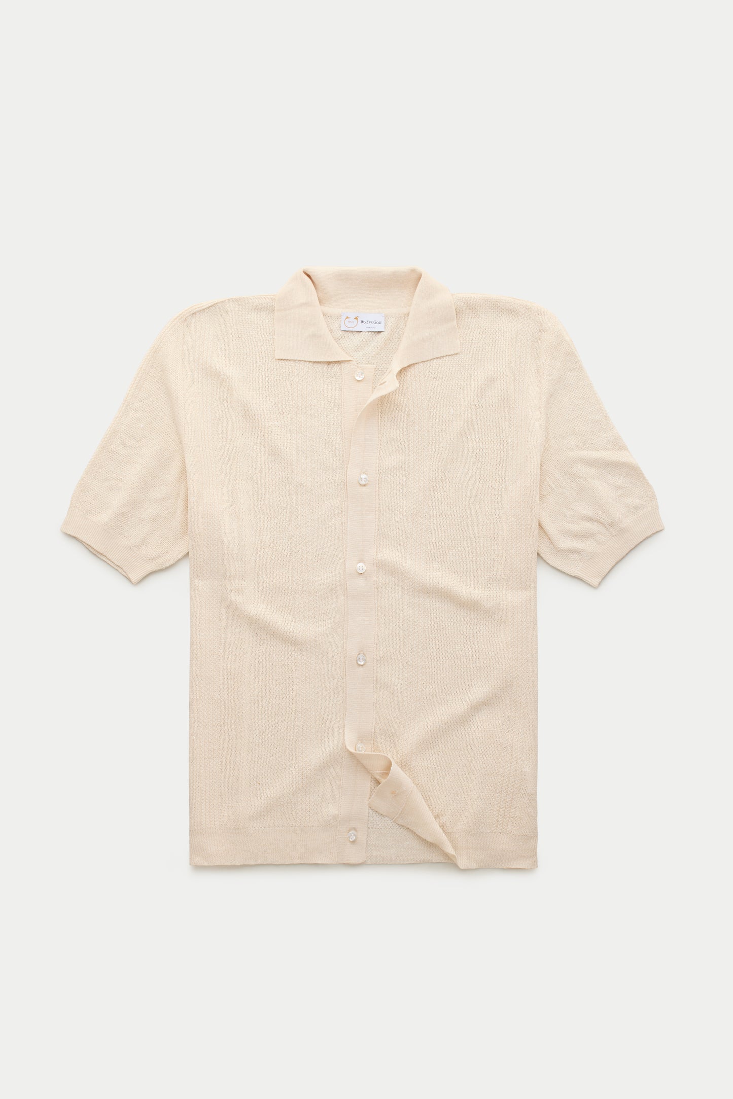Short Sleeve Linen Cotton Knitted Shirt with Rib Details Panna