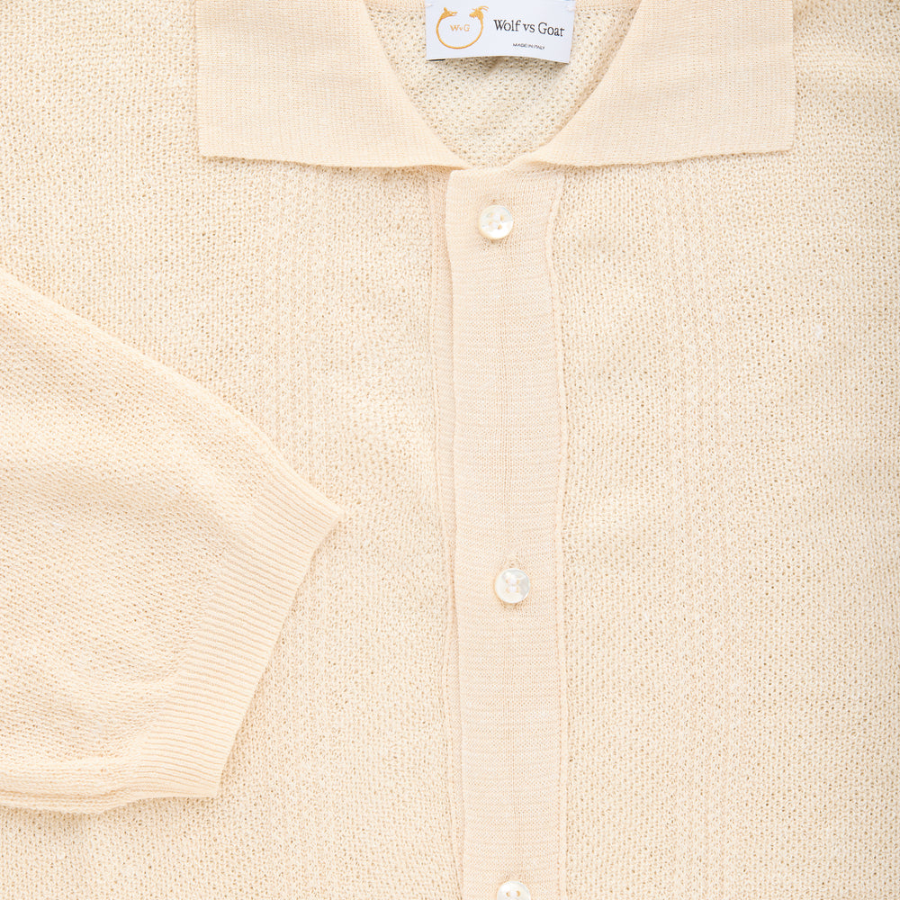 Short Sleeve Linen Cotton Knitted Shirt with Rib Details Panna