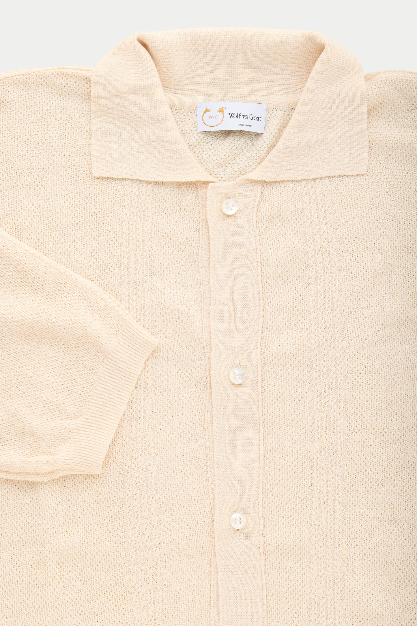 Short Sleeve Linen Cotton Knitted Shirt with Rib Details Panna